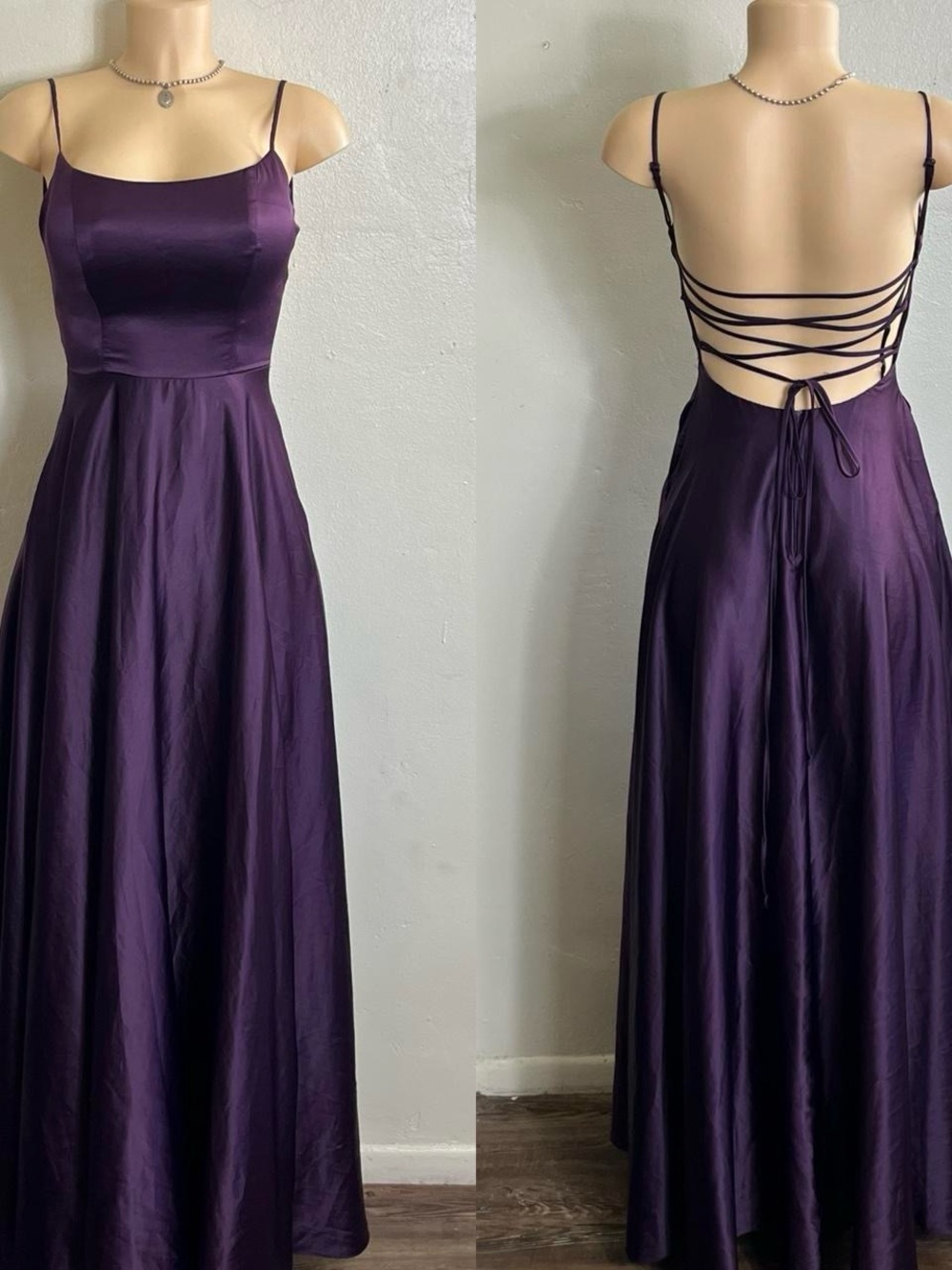 B Darlin Satin Purple Backless Lace-Up Maxi Dress